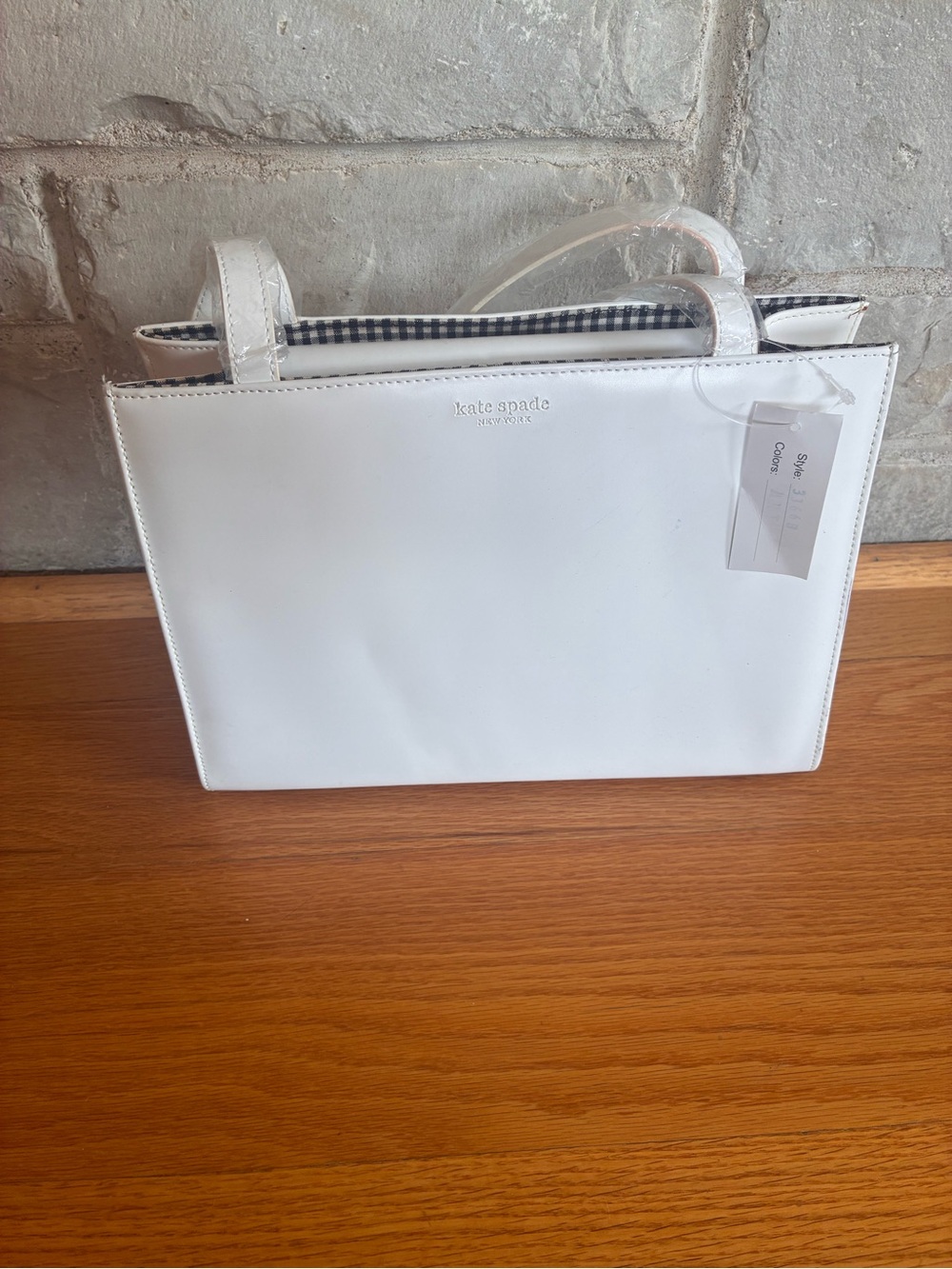 kate spade White Leather Purse with Gingham Trim